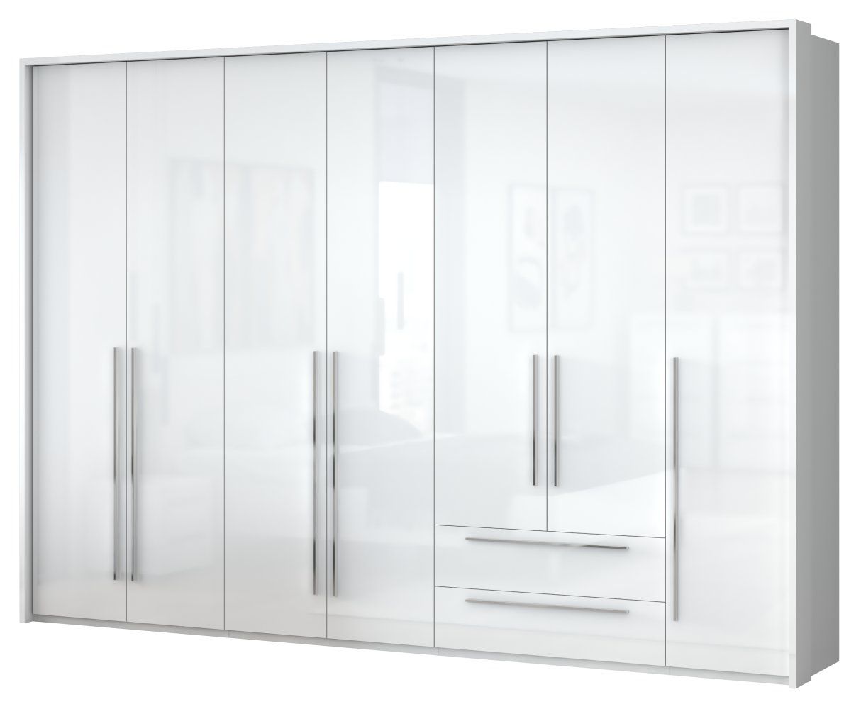 Drehtürenschrank / Kleiderschrank mit Rahmen Siumu 37, Farbe: Weiß / Weiß Hochglanz - 226 x 322 x 60 cm (H x B x T)