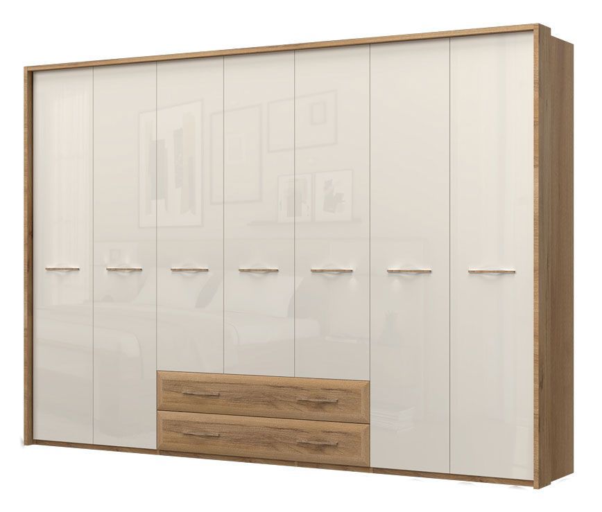 Drehtürenschrank / Kleiderschrank mit Rahmen Gataivai 51, Farbe: Beige Hochglanz / Walnuss - Abmessungen: 224 x 272 x 56 cm (H x B x T)