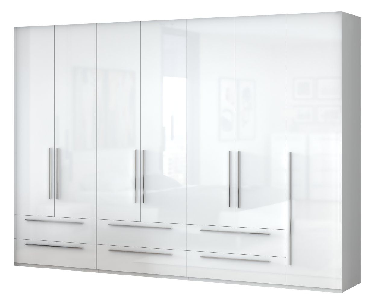 Drehtürenschrank / Kleiderschrank Siumu 39, Farbe: Weiß / Weiß Hochglanz - 224 x 317 x 56 cm (H x B x T)