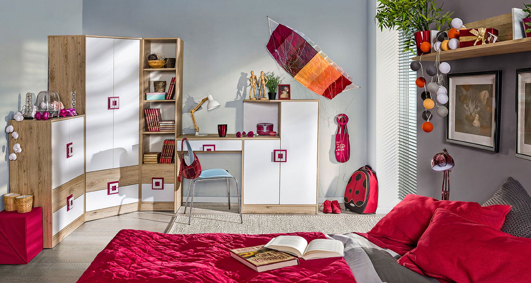 Jugendzimmer Kinderzimmer Komplett - Set C Fabian, 6-teilig, Farbe: Eiche Hellbraun / Weiß / Rosa