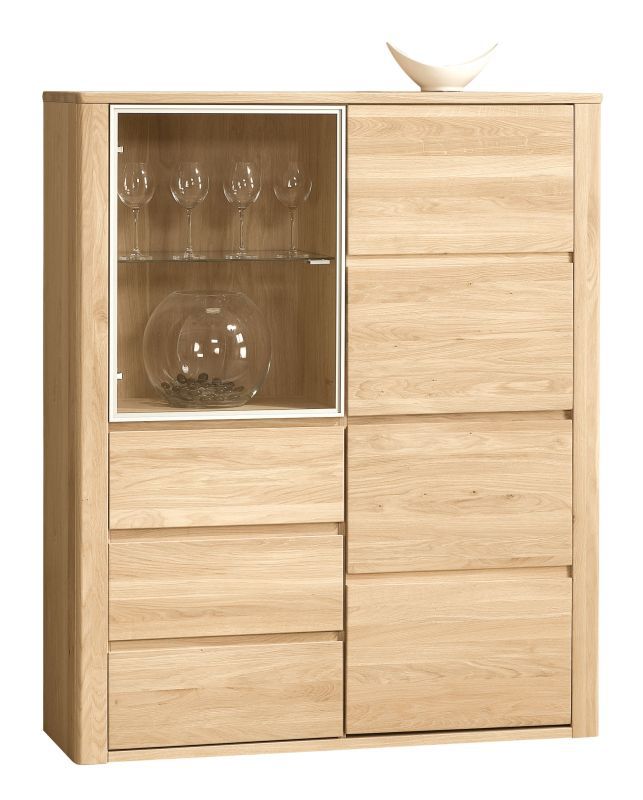 Vitrine Jussara 10, Farbe: Hellbraun, Eiche teilmassiv – 150 x 124 x 42 cm (H x B x T)