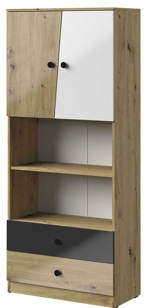 Schrank Sirte 04, Farbe: Eiche / Weiß / Schwarz  Hochglanz - Abmessungen: 190 x 80 x 40 cm (H x B x T)