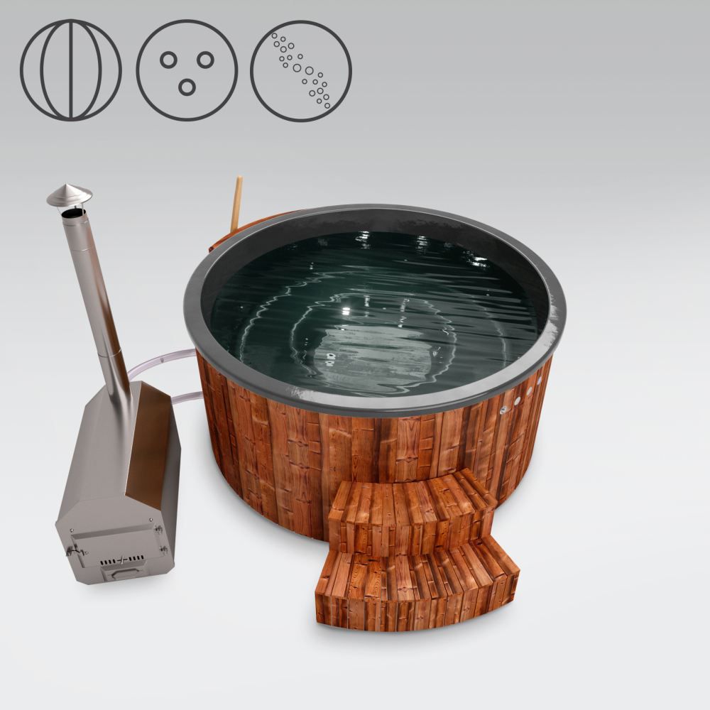 Hot Tub 01 aus Thermoholz mit LED-Beleuchtung, Thermodeckel, Luftmassagedüsen und Wärmedämmung, Wanne: Anthrazit, Innendurchmesser: 200 cm