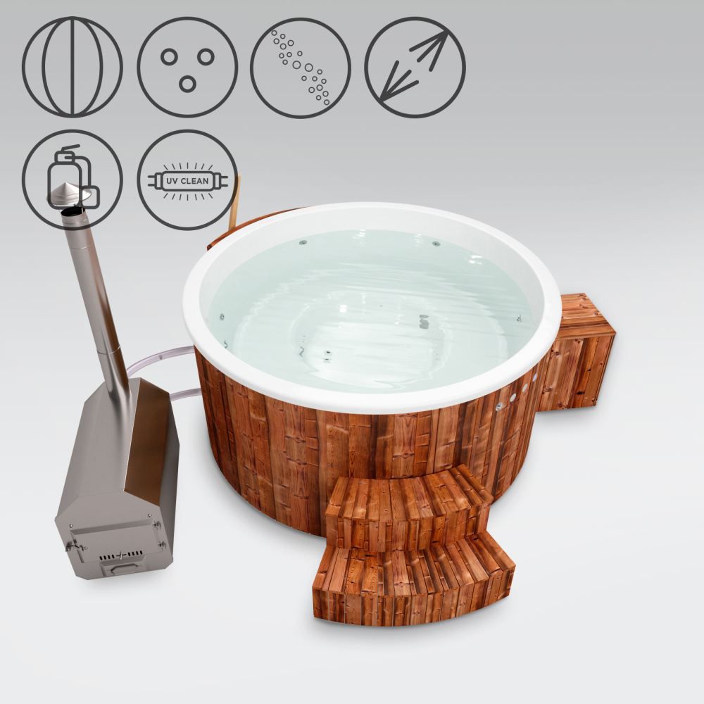 Hot Tub 01 aus Thermoholz mit LED-Beleuchtung, Thermodeckel, Kombimassagedüsen, Sandfilter, Holzbox, UV-Lampe und Wärmedämmung, Wanne: Weiß, Innendurchmesser: 200 cm