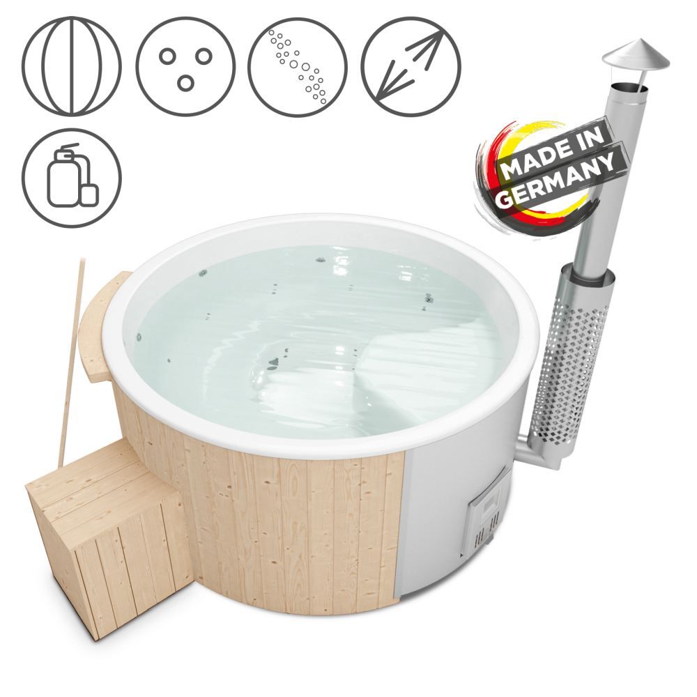 Hot Tub 03 aus Fichtenholz mit LED-Beleuchtung, Thermodeckel, Kombimassagedüsen, Sandfilter, Holzbox und Wärmedämmung, Wanne: Weiß, Innendurchmesser: 200 cm