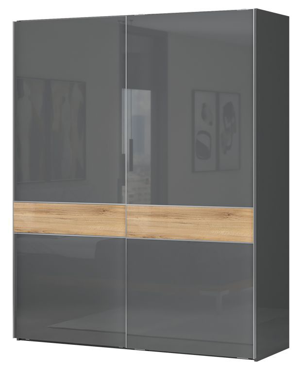 Schiebetürenschrank / Kleiderschrank Vaitele 06, Farbe: Anthrazit Hochglanz / Walnuss - 224 x 182 x 61 cm (H x B x T)