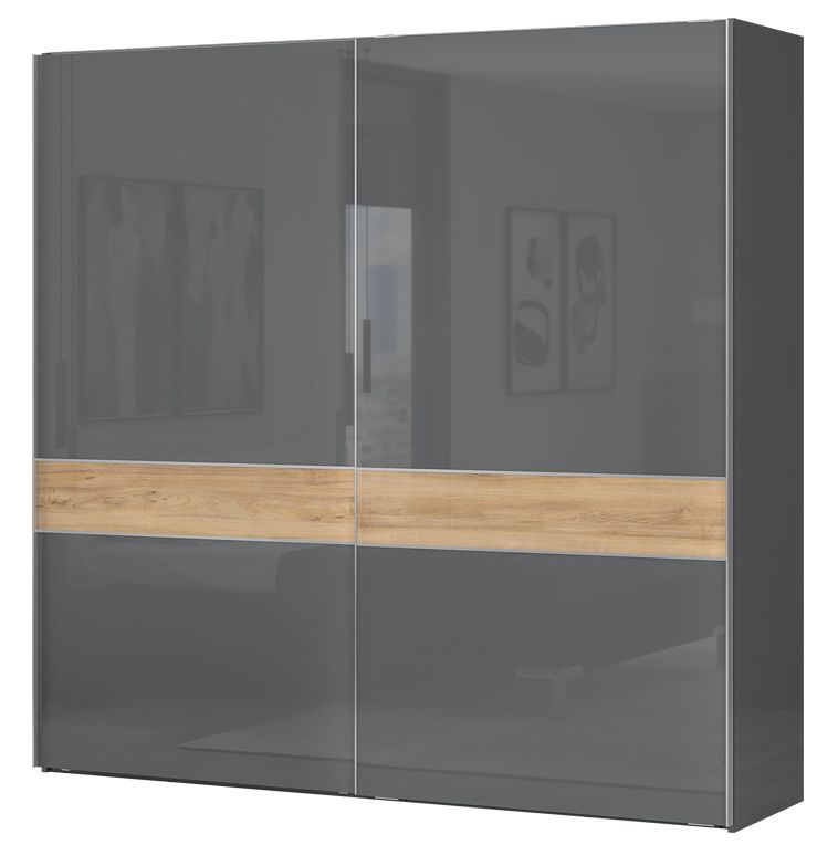 Schiebetürenschrank / Kleiderschrank Vaitele 08, Farbe: Anthrazit Hochglanz / Walnuss - 224 x 230 x 61 cm (H x B x T)