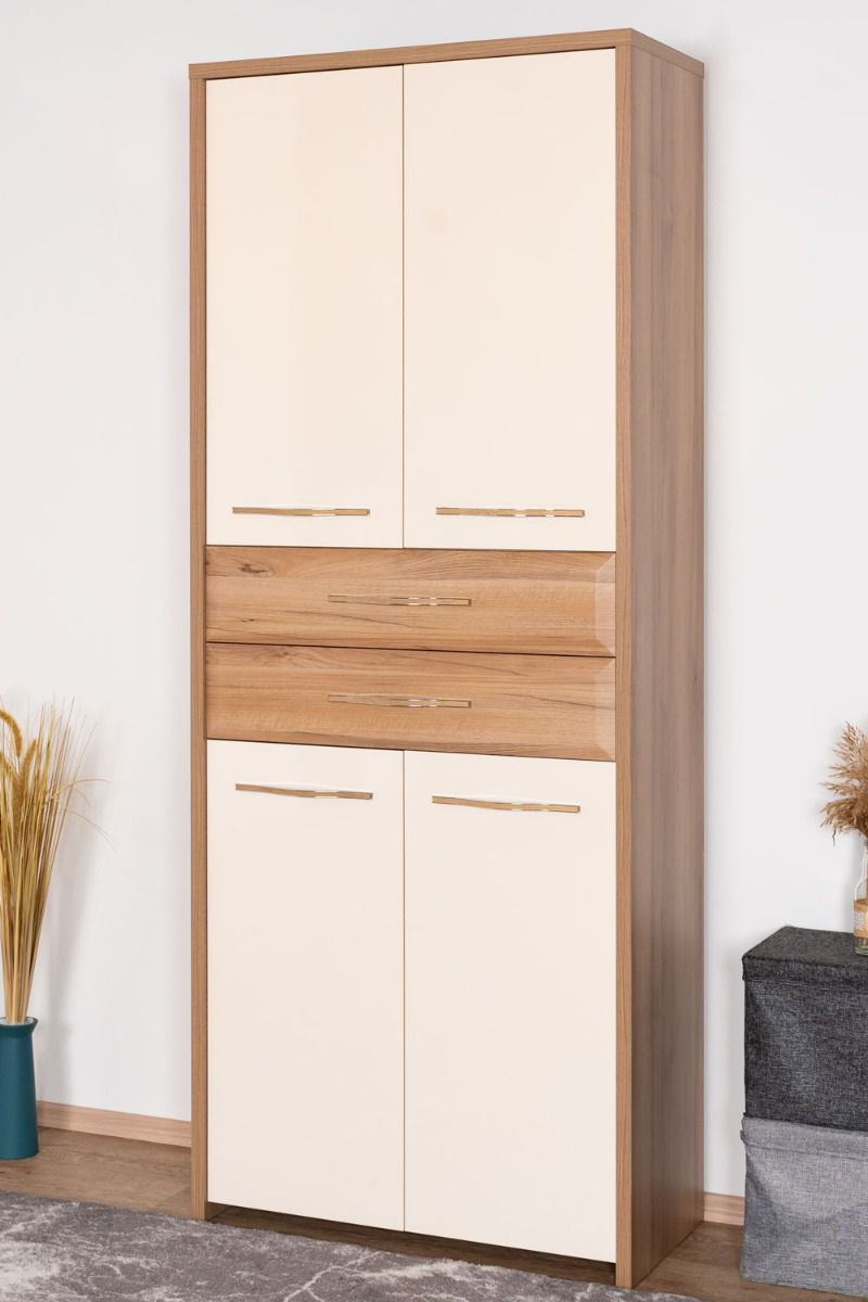 Drehtürenschrank / Kleiderschrank Gataivai 21, Farbe: Beige Hochglanz / Walnuss - 192 x 78 x 36 cm (H x B x T)