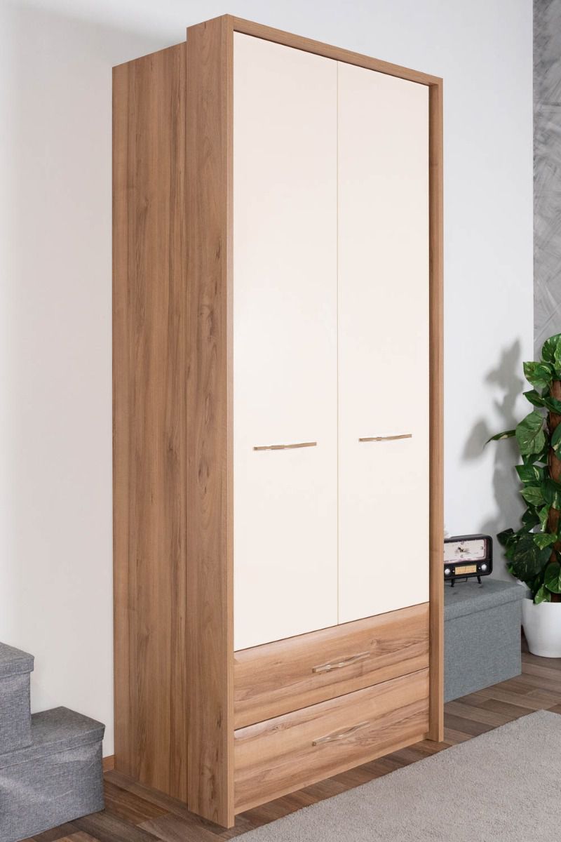 Drehtürenschrank / Kleiderschrank mit Rahmen Gataivai 43, Farbe: Beige Hochglanz / Walnuss - Abmessungen: 224 x 92 x 56 cm (H x B x T)