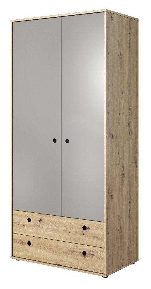 Eleganter Drehtürenschrank / Kleiderschrank Moknine 02, 2 Schubladen, Eiche / Platingrau, Maße: 194 x 90 x 50 cm, ABS Kantenschutz, 1 Kleiderstange