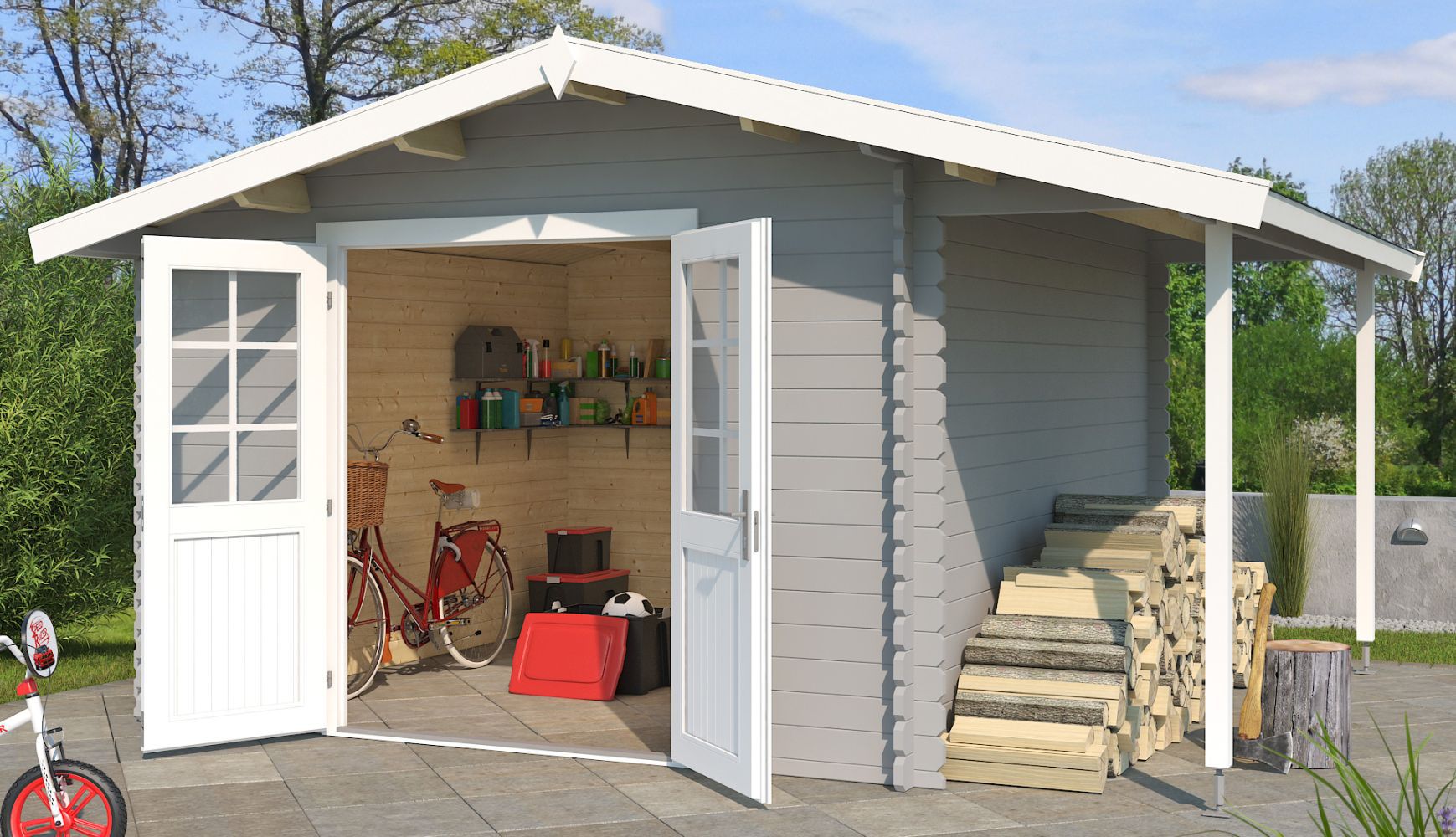 Gartenhaus G279 Lichtgrau - 34 mm Blockbohlenhaus, Grundfläche: 8,13 m², Satteldach