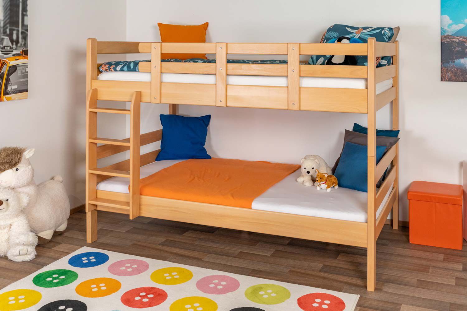 Etagenbett / Stockbett 120 x 200 cm für Kinder "Easy Premium Line" K24/n, Kopf- und Fußteil gerade, Buche Massivholz Natur lackiert, teilbar