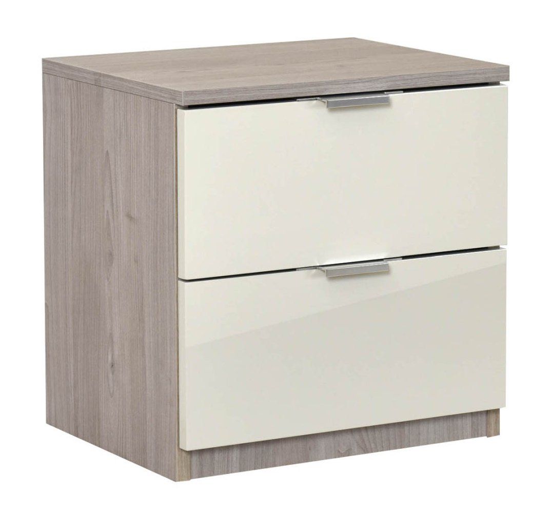 Nachtkommode Sabadell 22, Farbe: Eiche / Beige Hochglanz - 47 x 45 x 38 cm (H x B x T)