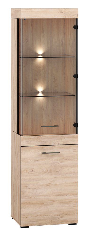 Vitrine Decorah 03, Farbe: Eiche hell - Abmessungen: 199 x 53 x 42 cm (H x B x T), mit 2 Türen und 5 Fächern