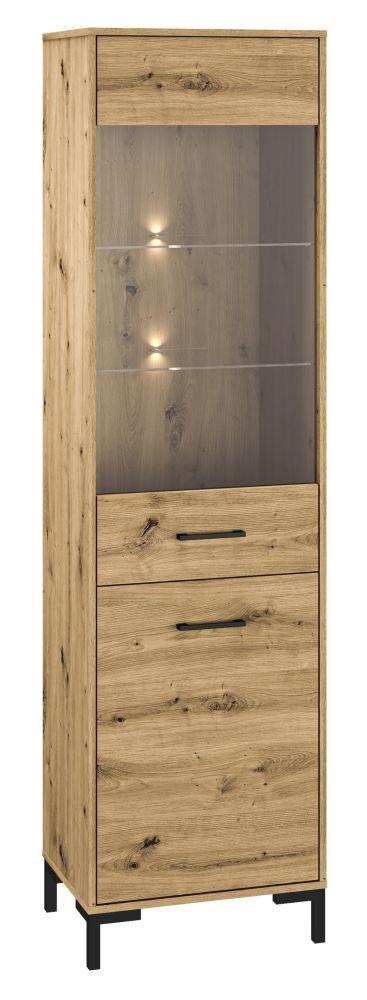 Vitrine Pandrup 18, Farbe: Eiche - Abmessungen: 200 x 55 x 40 cm (H x B x T), mit 2 Türen und 5 Fächern