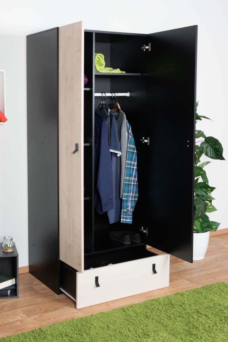 Jugendzimmer - Drehtürenschrank / Kleiderschrank Aalst 03, Farbe: Eiche / Creme / Schwarz - Abmessungen: 190 x 80 x 50 cm (H x B x T)