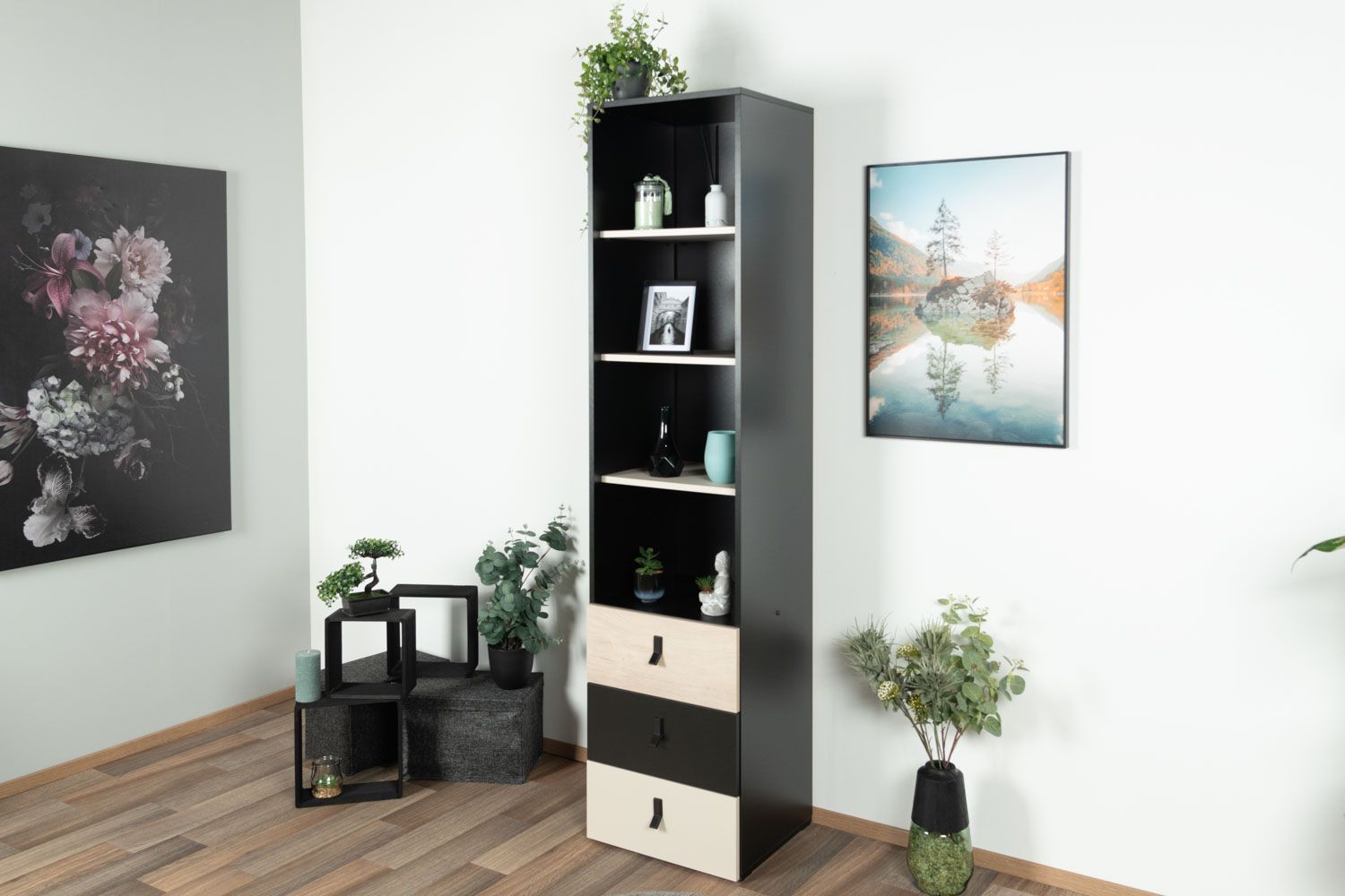 Jugendzimmer - Schrank Aalst 06, Farbe: Eiche / Creme / Schwarz - Abmessungen: 190 x 45 x 40 cm (H x B x T)