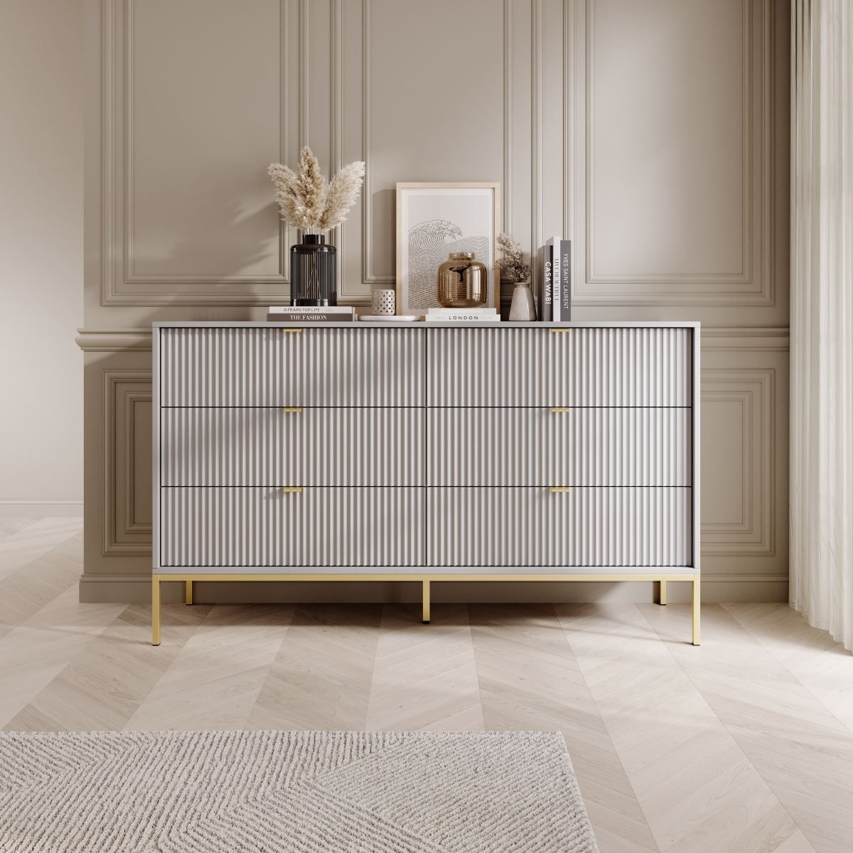 Moderne Kommode mit 6 Schubladen Worthing 64, Farbe: Grau / Gold, 91 x 154 x 39 cm, geriffelte Fronten, viel Stauraum, elegantes Design, langlebig