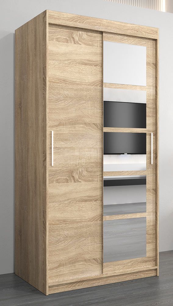 Schiebetürenschrank / Kleiderschrank Aizkorri 01A mit Spiegel, Farbe: Eiche Sonoma - Abmessungen: 200 x 100 x 62 cm (H x B x T)