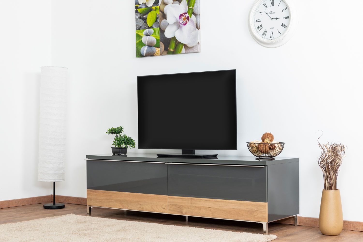 TV-Unterschrank Vaitele 31, Farbe: Anthrazit Hochglanz / Walnuss - 46 x 152 x 45 cm (H x B x T)