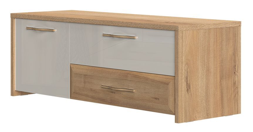 TV-Unterschrank Gataivai 23, Farbe: Beige Hochglanz / Walnuss - Abmessungen: 48 x 135 x 46 cm (H x B x T)