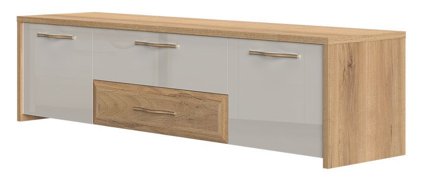 TV-Unterschrank Gataivai 25, Farbe: Beige Hochglanz / Walnuss - Abmessungen: 48 x 184 x 46 cm (H x B x T)