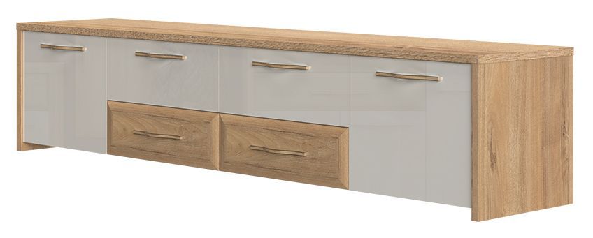 TV-Unterschrank Gataivai 26, Farbe: Beige Hochglanz / Walnuss - Abmessungen: 48 x 219 x 46 cm (H x B x T)