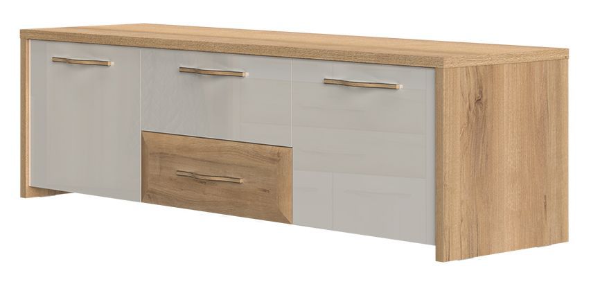 TV-Unterschrank Gataivai 24, Farbe: Beige Hochglanz / Walnuss - Abmessungen: 48 x 161 x 46 cm (H x B x T)