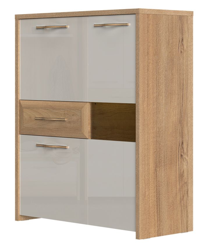 Vitrine Gataivai 28, Farbe: Beige Hochglanz / Walnuss - Abmessungen: 115 x 96 x 41 cm (H x B x T)