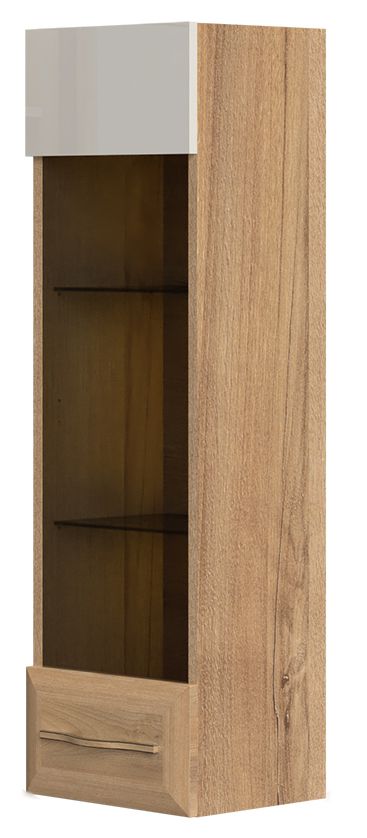 Hängevitrine Gataivai 33, Farbe: Beige Hochglanz / Walnuss - Abmessungen: 115 x 35 x 30 cm (H x B x T)