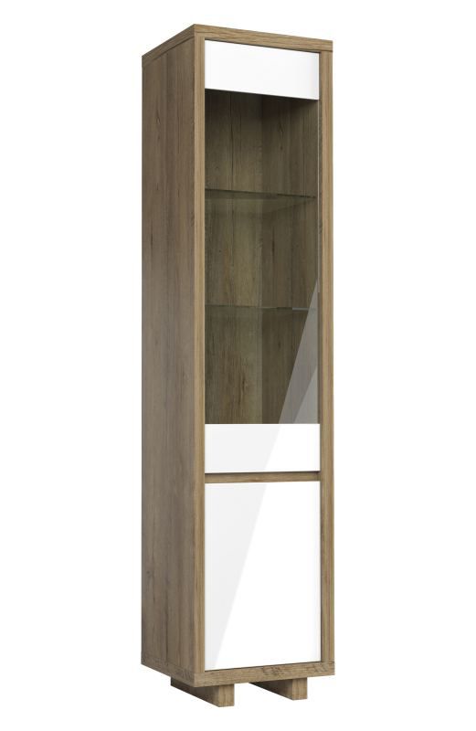 Schmale Vitrine Brisen 08, mit ABS Kantenschutz, 1 klare Glastür in Holz eingefasst, Braun / Weiß Hochglanz, Maße: 209 x 48 x 40 cm, 3 Holzeinlegeböden