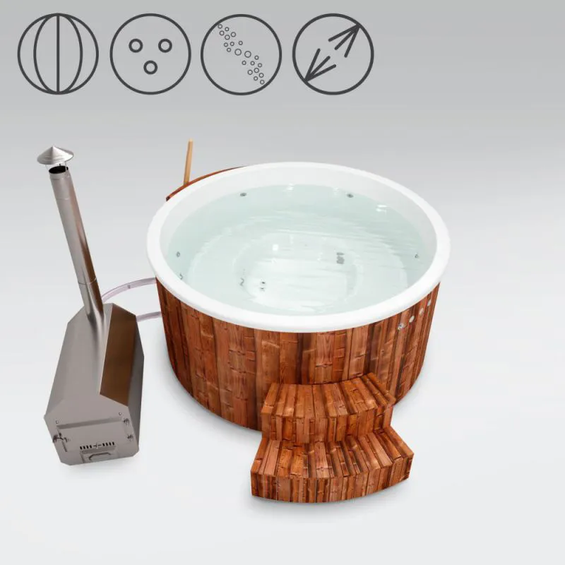 Hot Tub 01 aus Thermoholz mit LED-Beleuchtung, Thermodeckel, Kombimassagedüsen und Wärmedämmung, Wanne: Weiß, Innendurchmesser: 200 cm