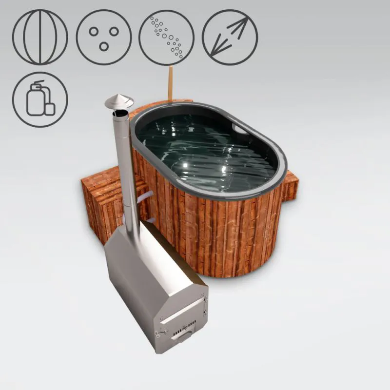 Hot Tub 02 aus Thermoholz mit LED-Beleuchtung, Thermodeckel, Kombimassagedüsen, Sandfilter, Holzbox und Wärmedämmung, Wanne: Anthrazit, Außenabmessungen: 189 x 118 cm (L x B)