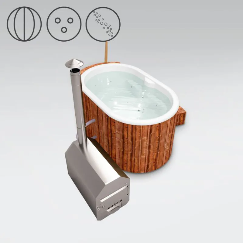 Hot Tub 02 aus Thermoholz mit LED-Beleuchtung, Thermodeckel, Luftmassagedüsen und Wärmedämmung, Wanne: Weiß, Außenabmessungen: 189 x 118 cm (L x B)