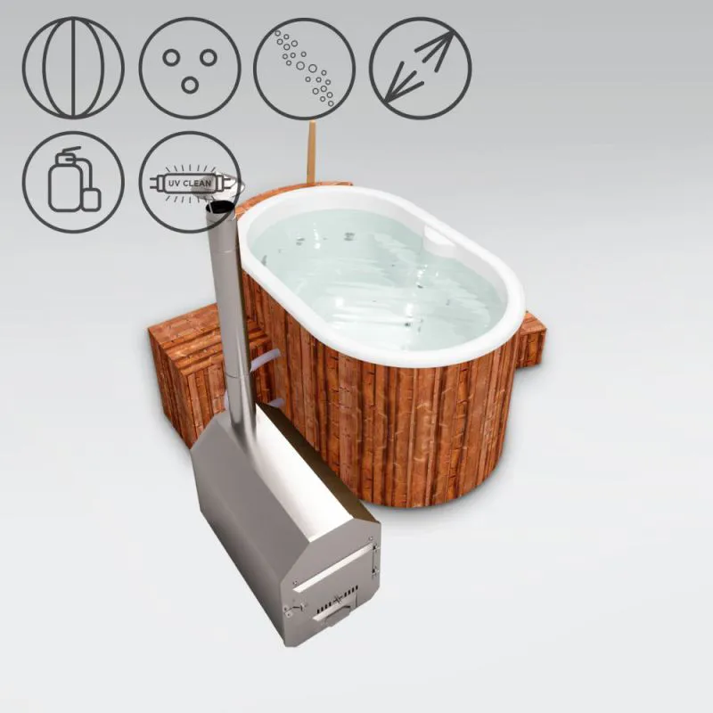 Hot Tub 02 aus Thermoholz mit LED-Beleuchtung, Thermodeckel, Kombimassagedüsen, Sandfilter, Holzbox, UV-Lampe und Wärmedämmung, Wanne: Weiß, Außenabmessungen: 189 x 118 cm (L x B)