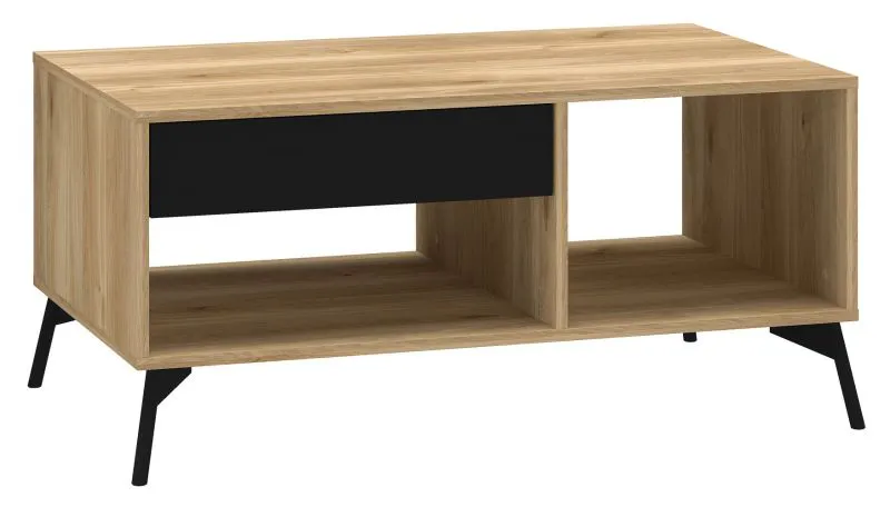 Couchtisch Lincolnia 07, Farbe: Eiche / Schwarz - Abmessungen: 100 x 60 x 48 cm (B x T x H), mit 1 Schublade und 2 Fächern