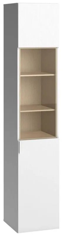 Vitrine Minnea 16, Farbe: Weiß / Eiche - Abmessungen: 206 x 40 x 42 cm (H x B x T)