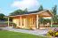 Ferienhaus F50 mit überdachter Terrasse | 9,61 m² | 70 mm Blockbohlen | Naturbelassen | inkl. Fußboden & Isolierverglasung