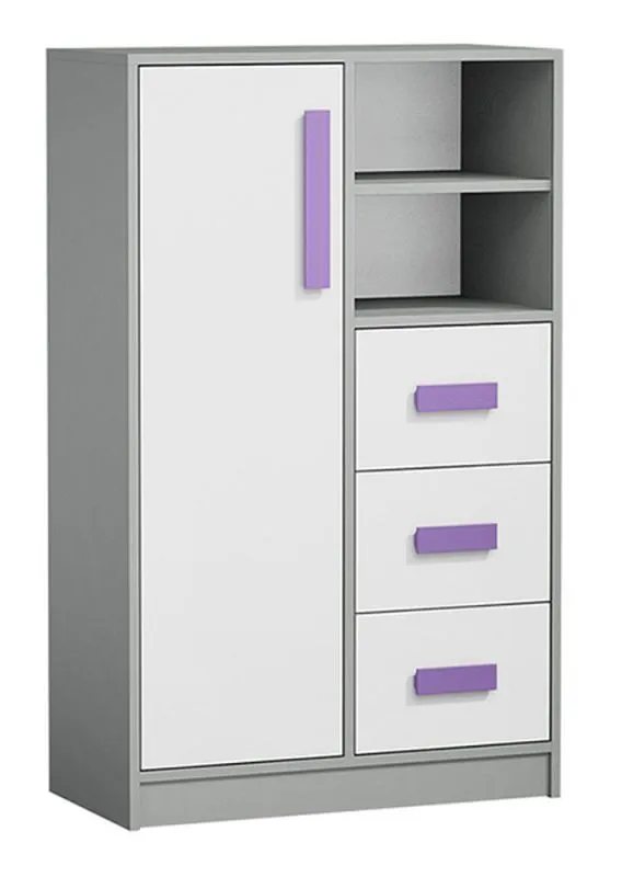 Kommode / Highboard für Jugendzimmer mit 3 Schubladen Olaf 05, Farbe: Anthrazit / Weiß / Lila, teilmassiv, 132 x 80 x 40 cm, 1 Drehtür, viel Stauraum 