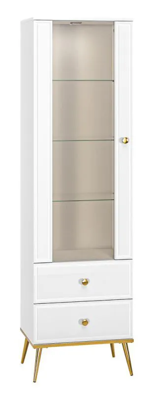 Vitrine Roanoke 02, Farbe: Weiß / Weiß Glanz - Abmessungen: 190 x 55 x 40 cm (H x B x T), mit 1 Tür, 2 Schubladen und 4 Fächern