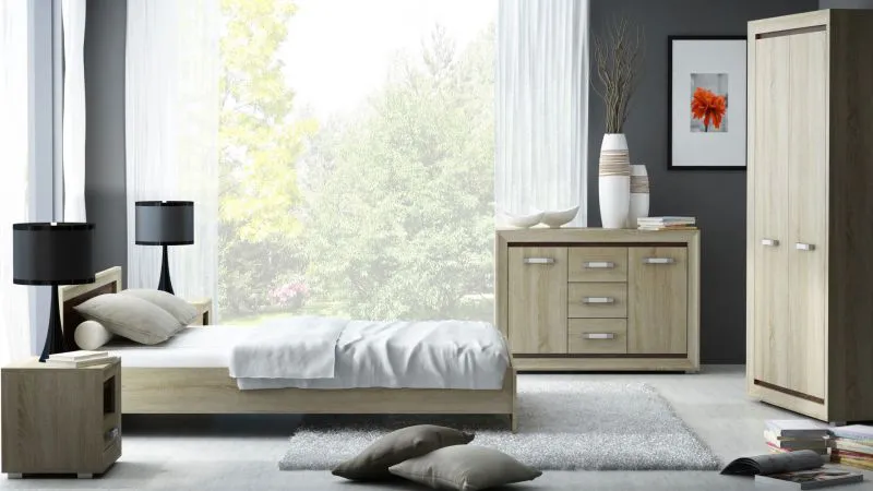 Schlafzimmer Komplett - Set A Kundiawa, 5-teilig, Farbe: Sonoma Eiche hell / Sonoma Eiche dunkel