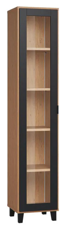 Vitrine Leoncho 09, Farbe: Eiche / Schwarz - Abmessungen: 195 x 39 x 40 cm (H x B x T)