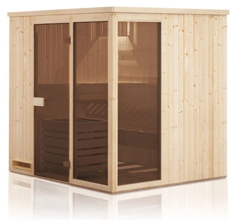 Elementsauna Kawir 68 mm mit 2 Sichtfenstern und Dachkranz - Außenmaße (B x T x H): 244 x 194 x 199 cm