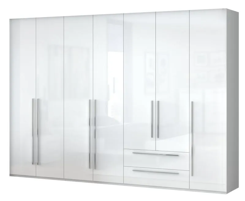 Drehtürenschrank / Kleiderschrank Siumu 37, Farbe: Weiß / Weiß Hochglanz - 224 x 317 x 56 cm (H x B x T)