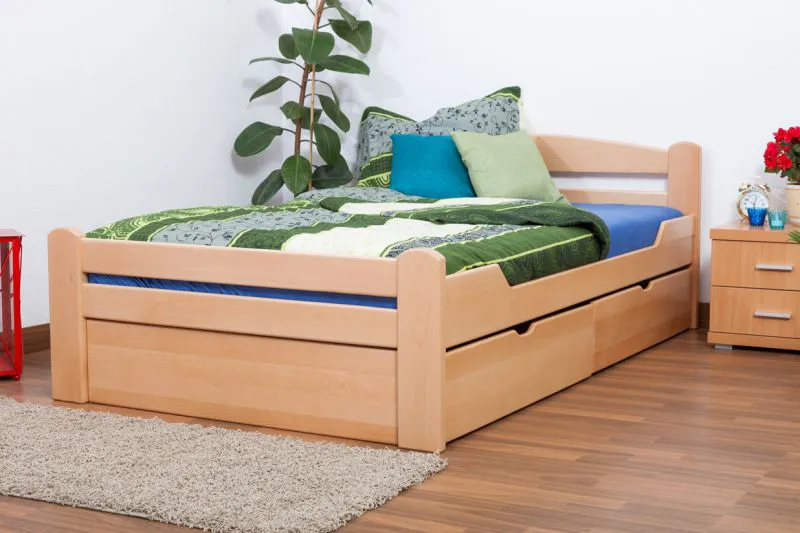 Jugendbett "Easy Premium Line" K4 inkl. 2 Schubladen und 1 Abdeckblende, 120 x 200 cm Buche Vollholz massiv Natur