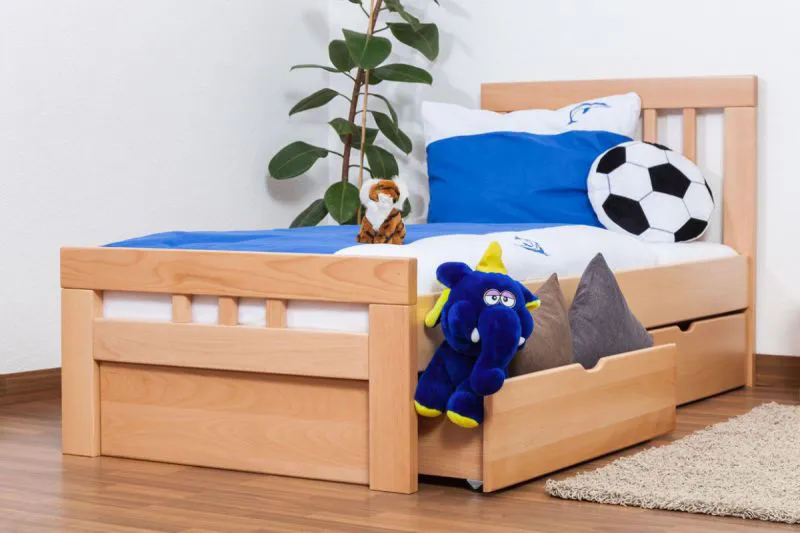 Kinderbett / Jugendbett "Easy Premium Line" K8 inkl. 2 Schubladen und 1 Abdeckblende, 90 x 200 cm Buche Vollholz massiv natur