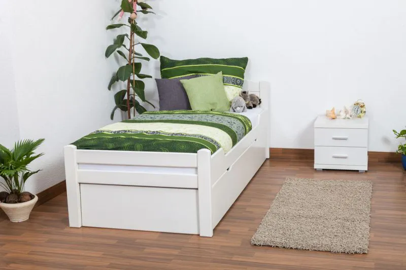 Einzelbett / Funktionsbett "Easy Premium Line" K1/h Voll inkl. 2. Liegeplatz und 2 Abdeckblenden, 90 x 200 cm Buche Vollholz massiv weiß lackiert