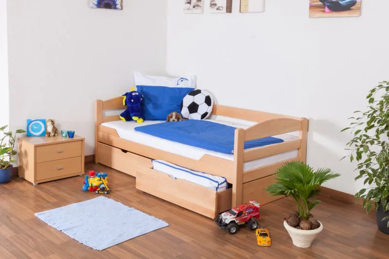 Kinderbett / Jugendbett "Easy Premium Line" K1/n/s inkl 2 Schubladen und 2 Abdeckblenden, 90 x 200 cm Buche Vollholz massiv Natur