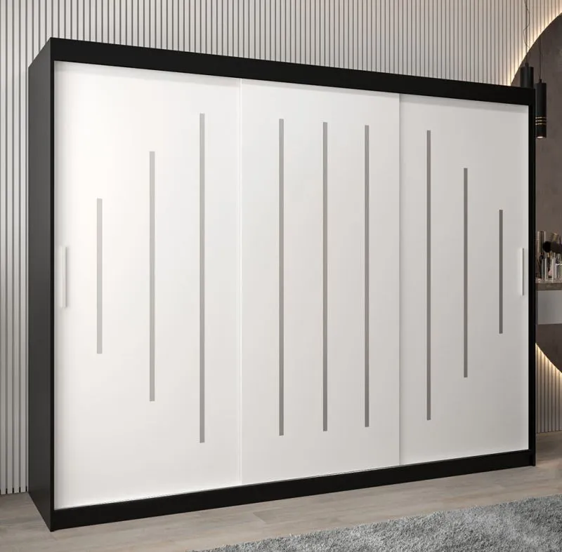 Schiebetürenschrank / Kleiderschrank Pilatus 06, Farbe: Schwarz / Weiß matt - Abmessungen: 200 x 250 x 62 cm (H x B x T)