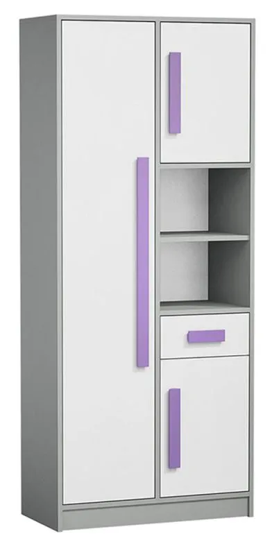 Jugendzimmer - Schrank Olaf 03, Farbe: Anthrazit / Weiß / Lila, teilmassiv - 191 x 80 x 40 cm (H x B x T)